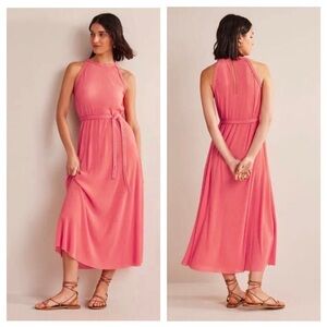 Boden Plisse Braided Tie Textured Sleeveless Halter Pink Coral Midi Dress sise 6